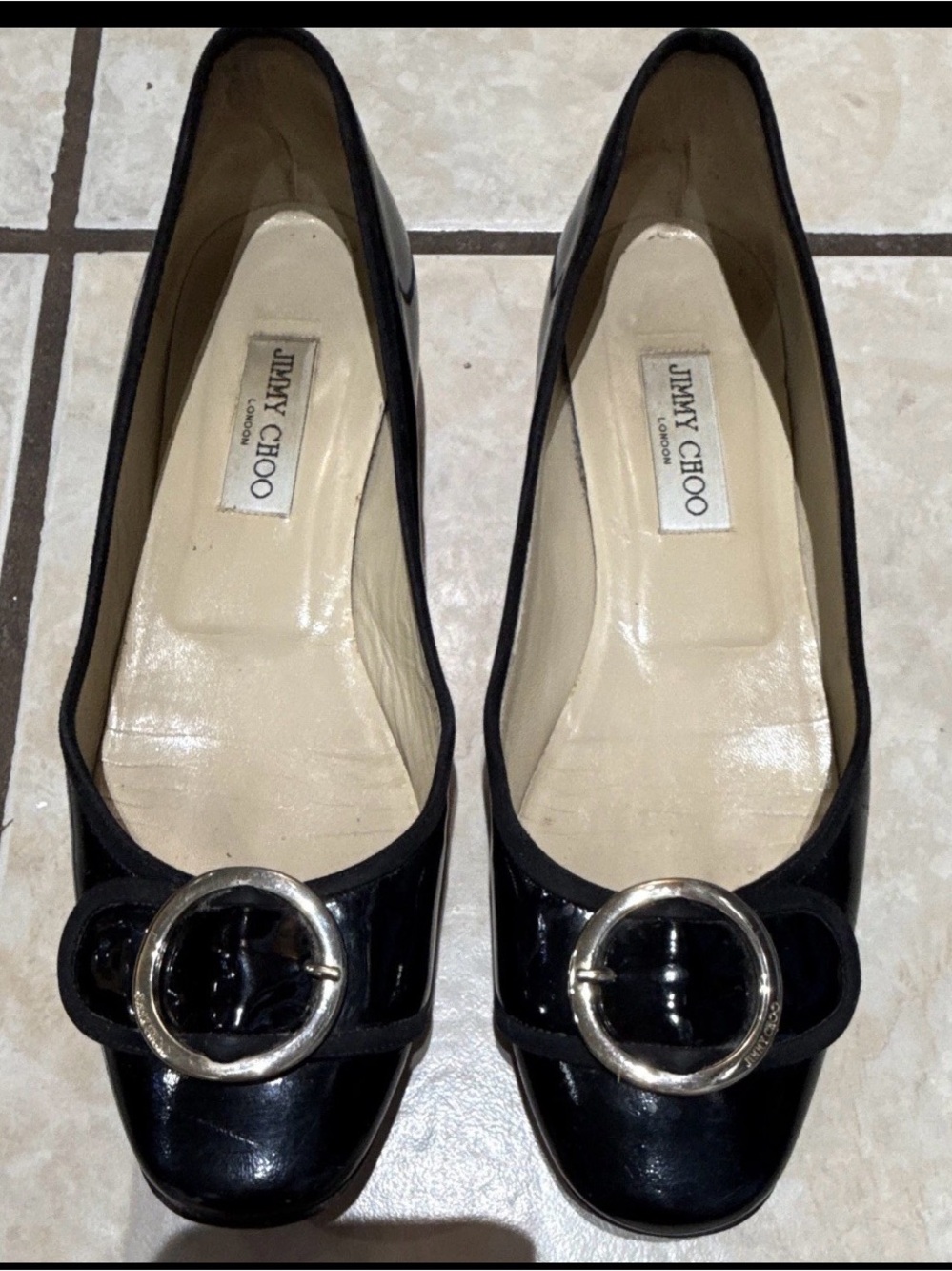 Jimmy Choo Black Patent Leather Flats with Silver Round Buckle